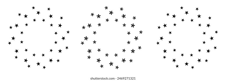 Star in circle icon set. Frame from stars isolated on white background. Abstract decorative pattern. Circle with black star icon. Vector Illustration .