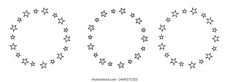 Star in circle icon set. Frame from stars isolated on white background. Abstract decorative pattern. Circle with black star icon. Vector Illustration .