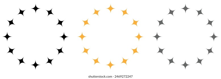  Icono de estrella en círculo. Marco de estrellas aisladas sobre fondo blanco. Abstractas patrón decorativo. Círculo con icono de estrella negro y amarillo. ILUSTRACIÓN VECTORIAL .