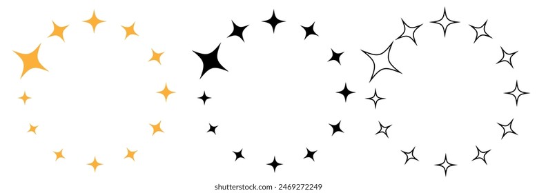  Star in circle icon set. Frame from stars isolated on white background. Abstract decorative pattern. Circle with black and yellow star icon. Vector Illustration .