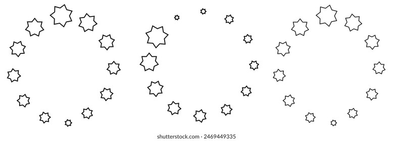  Star in circle icon set. Frame from stars isolated on white background. Abstract decorative pattern. Circle with black star icon. Vector Illustration .