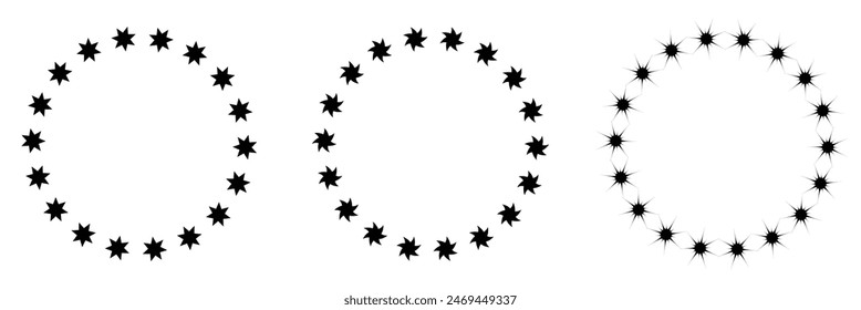  Star in circle icon set. Frame from stars isolated on white background. Abstract decorative pattern. Circle with black star icon. Vector Illustration .