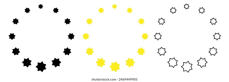 Star in circle icon set. Frame from stars isolated on white background. Abstract decorative pattern. Circle with black and yellow star icon. Vector Illustration .