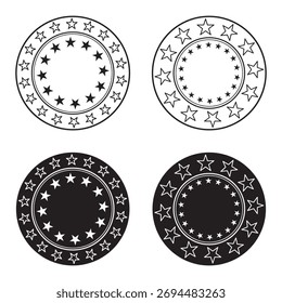 Star in circle icon set. Frame from stars isolated on white background. Abstract decorative pattern. Circle with black star icon. Vector Illustration .