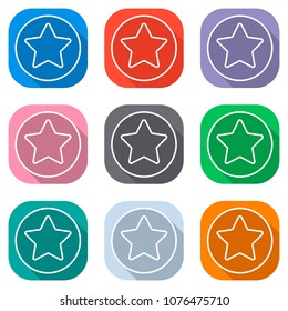 star in circle icon. Set of white icons on colored squares for a