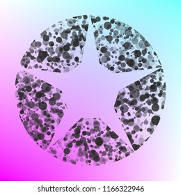 Star in circle icon. Vector. Gray icon with bubbled texture at color background with pink and sky blue corners.