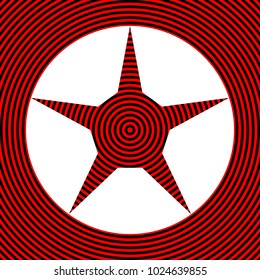 Star in circle icon. Vector. White icon on red and black radial pattern as background. Isolated.