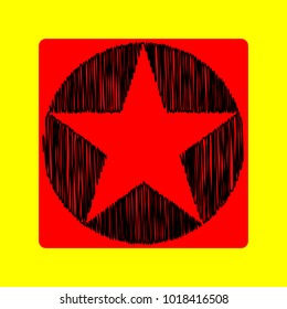 Star in circle illustration. Vector. Black scribble icon in red container with rounded corners at yellow background. Isolated.
