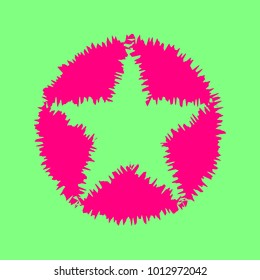 Star in circle illustration. Vector. Magenta rough icon on greenish background. Isolated.