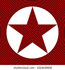 Star in circle illustration. Vector. White icon on red and black radial pattern as background. Isolated.