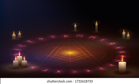 A star in a circle on the floor with candles, a magic ritual of summoning a demon from the pentagram