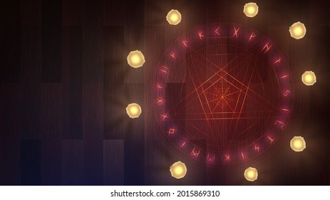 A star in a circle on the floor with candles, a magic ritual of summoning a demon from the pentagram