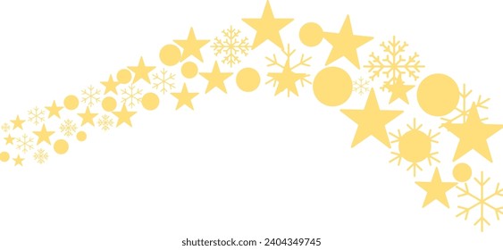 Star, circle and snowflake gold glitter elements with curved lines pattern and transparent background 