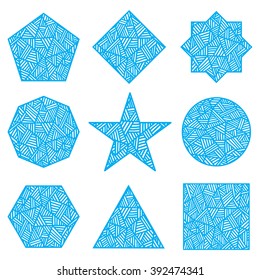 Star. A circle. Square.The eight-pointed star. Triangle. Hexagon. Diamond. Octagon.Pentagon. The geometric shape. Style zentangle.