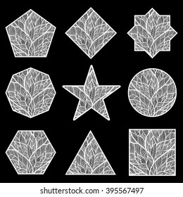 Star. A circle. Square.The eight-pointed star. Triangle. Hexagon. Rhombus. Octagon.Pentagon. Style zentangle. Black background. Vector