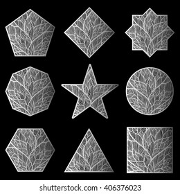 Star. Circle. Square.The eight-pointed star. Triangle. Hexagon. Rhombus. Octagon.Pentagon. The geometric shape. Style zentangle. Black background. Vector