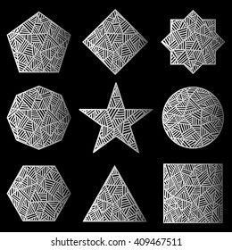 Star. Circle. Square.The eight-pointed star. Triangle. Hexagon. Rhombus. Octagon.Pentagon. The geometric shape. Style zentangle. Black background. Vector