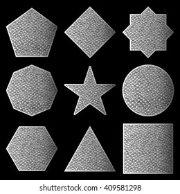 Star. Circle. Square.The eight-pointed star. Triangle. Hexagon. Rhombus. Octagon.Pentagon. The geometric shape. Style zentangle. Black background. Vector