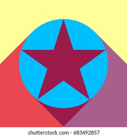 Star in circle vector illustration. Vector. Deep sky blue icon with two flat violet and raspberry semitransparent shadows on canary background.