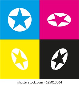 Star in circle vector illustration. Vector. White icon with isometric projections on cyan, magenta, yellow and black backgrounds.