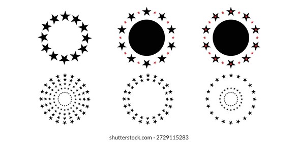 Star Circles Radial Patterns With Spirals And Central Black Discs, Decorative Design Elements.