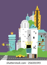 Star city illustration of busy downtown with skyscrapers and landmarks in the violet background