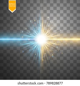 Star clash and explosion light effect, neon shining laser collision surrounded by stardust on transparent background. Expressive illustration, technical innovation, shocking news or invention symbol. 