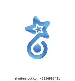 Star Clean Logo. Blue Shape Star Icon with Water Drop Combination isolated on White Background.