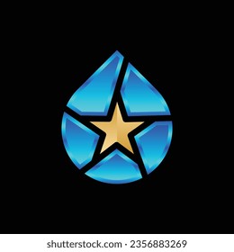 Star Clean Logo. Gold Shape Star Icon with Water Drop Combination isolated on Black Background.