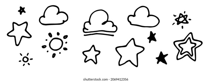 star and cloud icons. set of isolated sun and stars with clouds, drawn in doodle style vector design elements for children isolated black outline on white