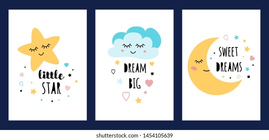 Star cloud moon sleep card set Colorfull sleeping character collection isolated on white Funny posters text Dream big Sweet deams Little star Kids flyers Print for textile cloth Vector illustration.