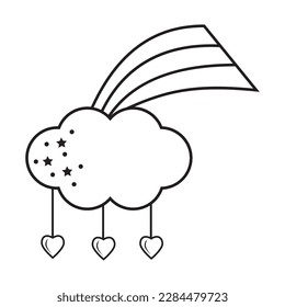 star cloud with rainbow black outline, vector isolated illustration in doodle style