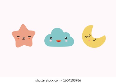 Star, cloud and cloud. Vector illustration in scandinavian style. Cartoon drawings. Children's design.