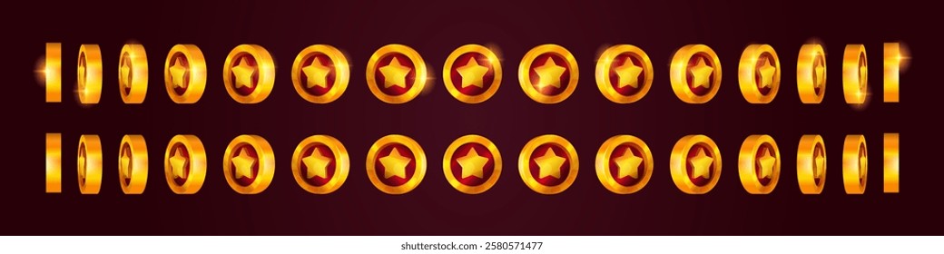 Star coin rotation. Casino game spin gold coins turn animation, game token stars reward bonus rotation effect level trophy flip badge money coin ui set swanky vector illustration original artwork
