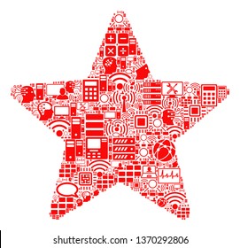 Star collage icon combined for bigdata and computing purposes. Vector star mosaics are composed from computer, calculator, connections, wi-fi, network, interface symbols into abstract collage.