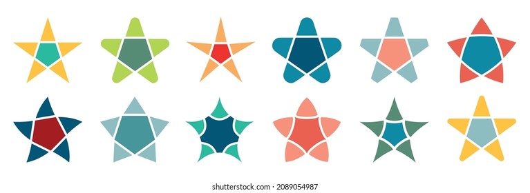 Star color applique icon flat set. Mosaic needlework design items. Children colorful stamp sticker. Modern bright designer rating stripe badge different shape website game magazine isolated on white