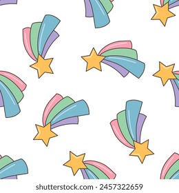 Star with colored tail seamless pattern. Illustration in cartoon style. 70s retro clipart vector design.	