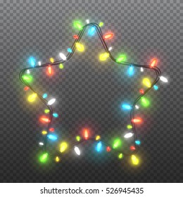 Star of colorful garlands, festive decorations. Glowing christmas lights isolated on transparent background. Vector objects.