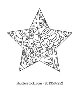  Star Coloring book page for adults. Hand drawn five-pointed star, Moon  Doodle anti-stress Vector illustration.