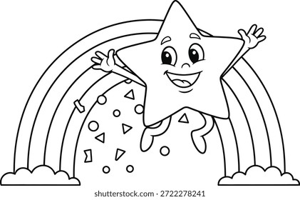 Página para colorear de la estrella con una estrella de dibujos animados alegre saltando sobre un arco iris con Formas flotantes. Ilustración de arte de línea blanca y negra limpia, perfecta para hojas de trabajo preescolar, libros para colorear para niños, proyectos creativos de aula y actividades de aprendizaje temprano.
