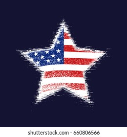 Star in the colors of the American flag with torn edges on black background