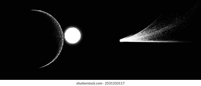 Star and comet tail in outer space. Futuristic landscape, with noise texture . Space landscape with comet and sun . Deep space vector illustration