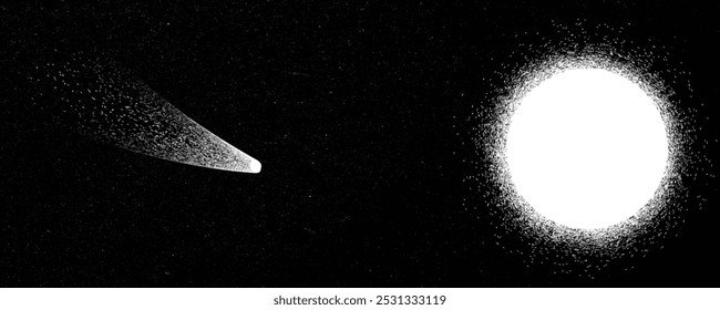 Estrela e cauda de cometa no espaço exterior. Paisagem futurista, com textura ruidosa . Paisagem espacial com cometa e sol . Ilustração de vetor de espaço profundo