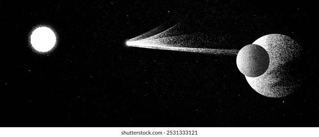 Star and comet tail in outer space. Futuristic landscape, with noise texture . Space landscape with comet and sun . Deep space vector illustration