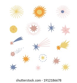 Star and comet vector clip art set. Cosmic starry design elements isolated on white. Abstract geometric space clip-art. Celestial doodle and paper cut shapes collection for kid and baby