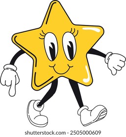 Star comic character. Walking retro cartoon mascot isolated on white background