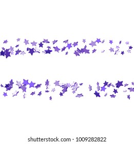 Star confetti. Bright violet random stars falling randomly on a white background. Bright design. Suitable for your design, cards, invitations, gifts, vip.