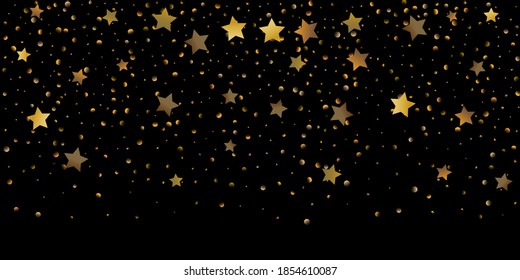 Star of confetti. Falling starry background. Random stars shine on a black background. The dark sky with shining stars. Flying confetti. Suitable for your design, cards, invitations, gifts. 