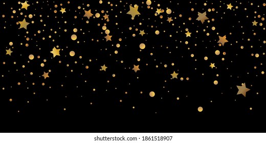 Star of confetti. Falling starry background. Random stars shine on a black background. The dark sky with shining stars. Flying confetti. Suitable for your design, cards, invitations, gifts. 
