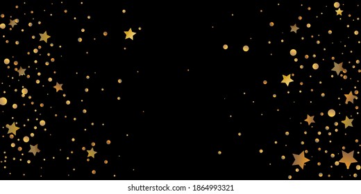 Star of confetti. Falling starry background. Random stars shine on a black background. The dark sky with shining stars. Flying confetti. Suitable for your design, cards, invitations, gifts. 